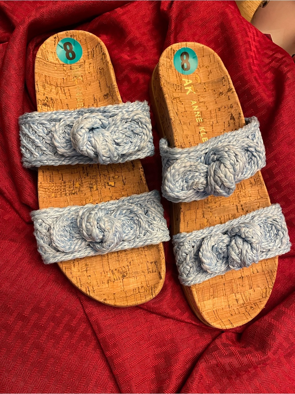 Anne Klein Light Blue Braided Double-Strap Cork Slide Sandals